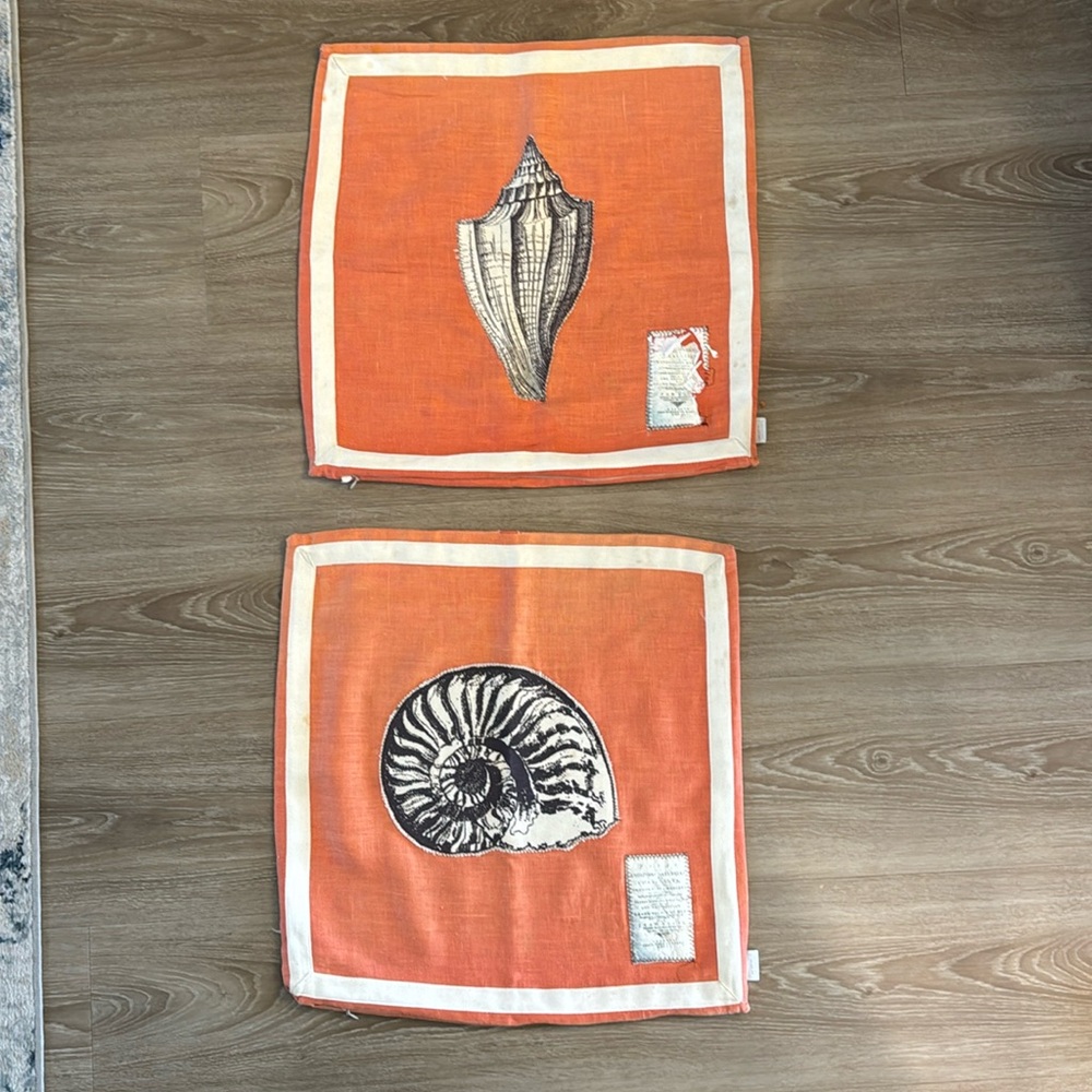Lacefield Designs Vintage Linen Pillow Covers botanical seashell Orange 2 cases